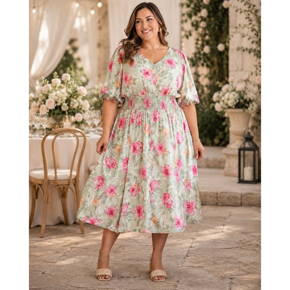 StyleList by Micaela Dresses & Skirts - 378. StyleList Floral V-Neck Smocked Waist Midi Dress Wedding Guest XL NWT QVC